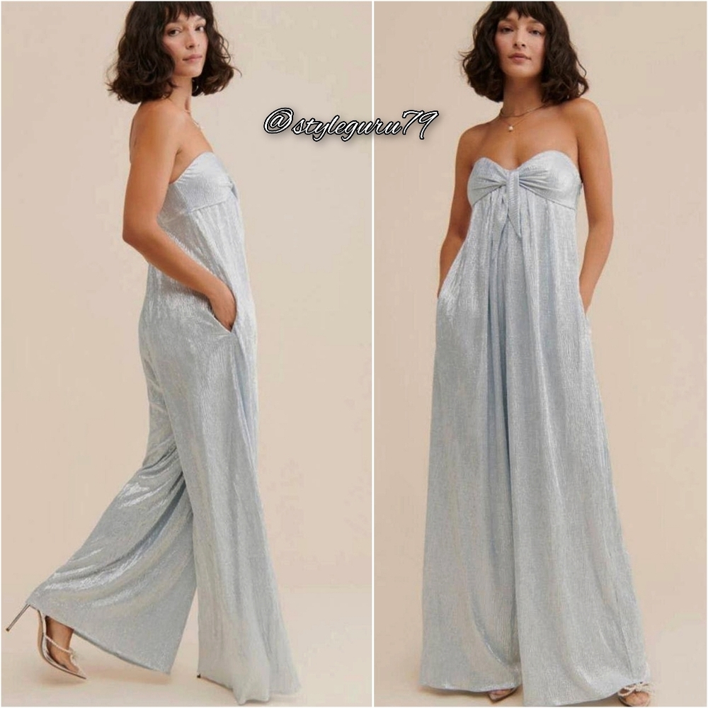 NWT, Free People, Olivia Strapless Jumpsuit in Silver/Ice Blue